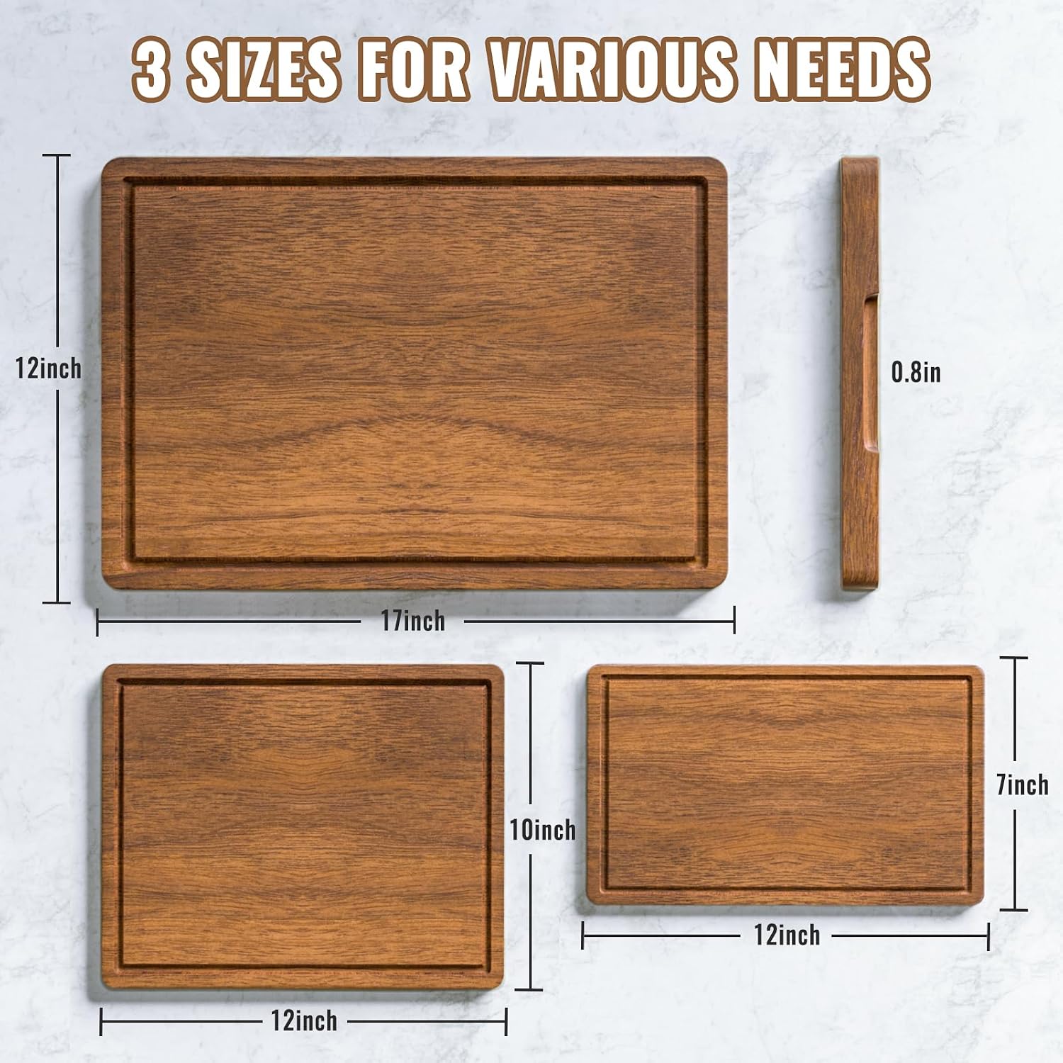 Acacia Wood Cutting Boards Set of 3 for Kitchen, Large Wooden Cutting Board with Juice Groove, Charcuterie Board, Chopping Board for Meat, Cheese, Fruits(17x12, 12x10, 12x7 inch) - Image 2